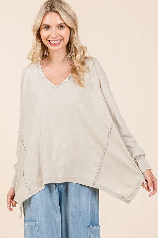 Hazel Blues® |  Mittoshop Mineral Wash V-Neck Long Sleeve Oversized Top