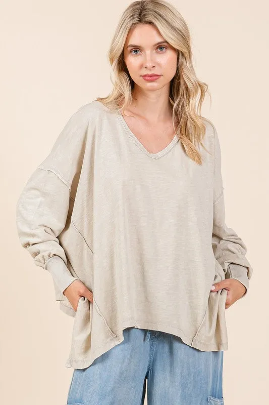 Hazel Blues® |  Mittoshop Mineral Wash V-Neck Long Sleeve Oversized Top