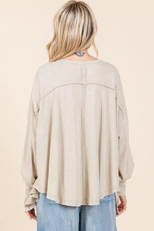 Hazel Blues® |  Mittoshop Mineral Wash V-Neck Long Sleeve Oversized Top