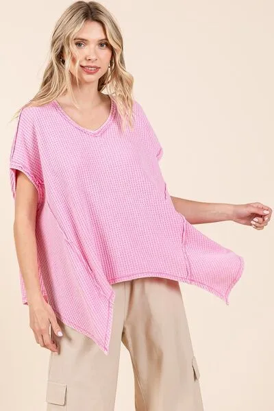 Hazel Blues® |  Mittoshop Mineral Wash Waffle Knit Pointed Hem Oversized Top