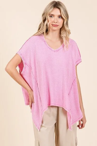 Hazel Blues® |  Mittoshop Mineral Wash Waffle Knit Pointed Hem Oversized Top