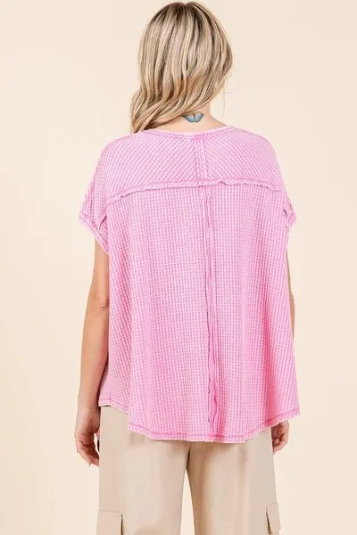 Hazel Blues® |  Mittoshop Mineral Wash Waffle Knit Pointed Hem Oversized Top