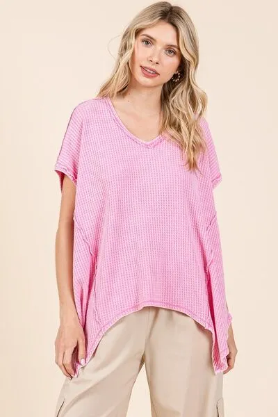 Hazel Blues® |  Mittoshop Mineral Wash Waffle Knit Pointed Hem Oversized Top