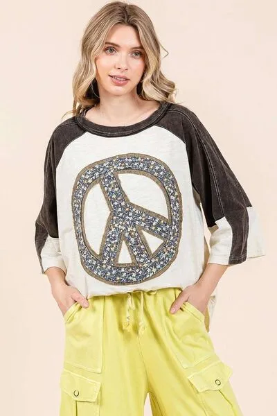 Hazel Blues® |  Mittoshop Peace Sign Patch Mineral Washed T-Shirt