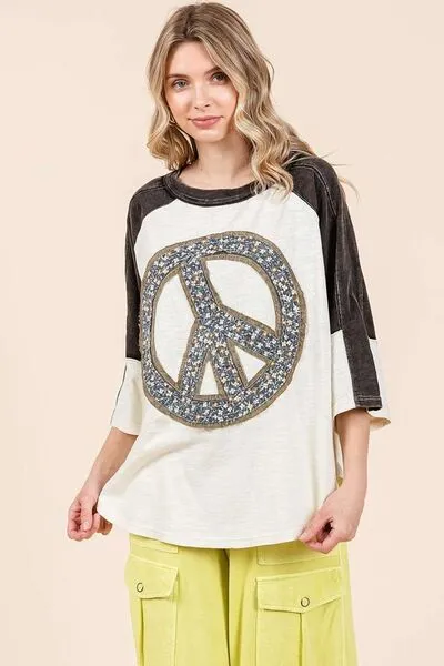 Hazel Blues® |  Mittoshop Peace Sign Patch Mineral Washed T-Shirt