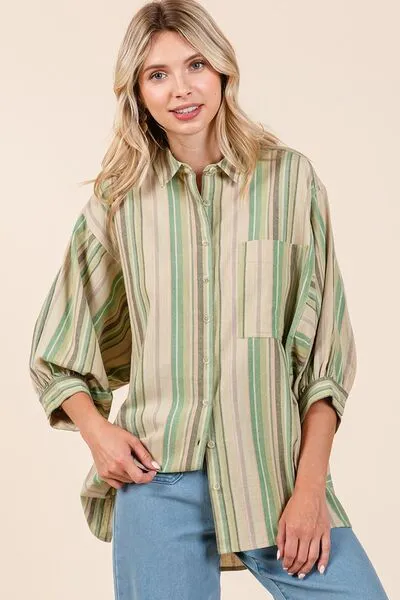 Hazel Blues® |  Mittoshop Striped Bubble Sleeve Button Down Shirt