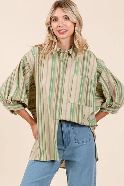 Hazel Blues® |  Mittoshop Striped Bubble Sleeve Button Down Shirt