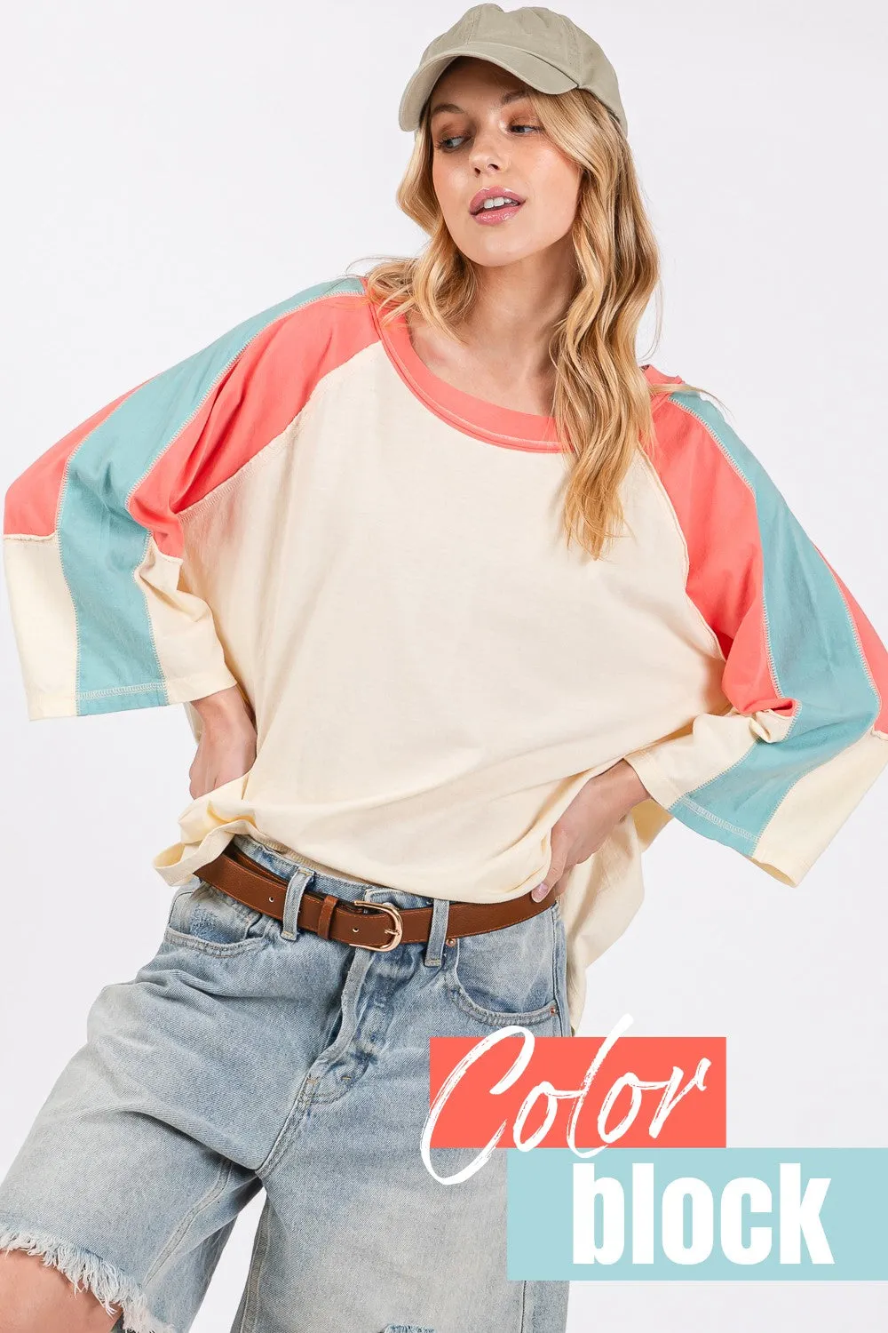 Hazel Blues® |  SAGE   FIG Color Block Curved Hem T-Shirt