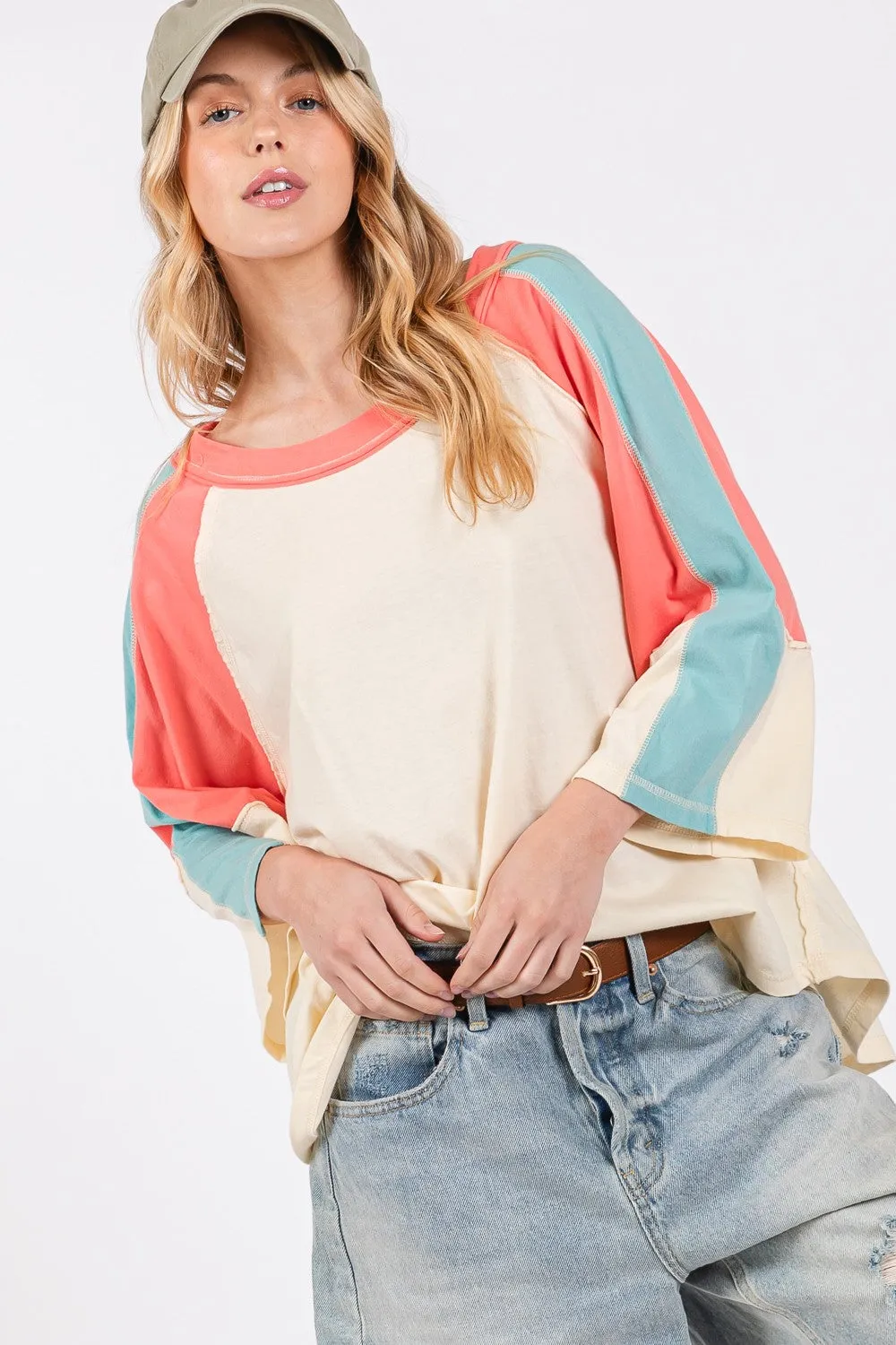 Hazel Blues® |  SAGE   FIG Color Block Curved Hem T-Shirt