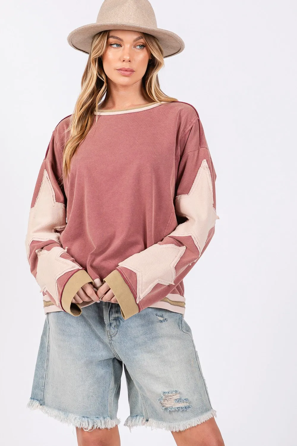 Hazel Blues® |  SAGE   FIG French Terry Star Applique Patch Sweatshirt