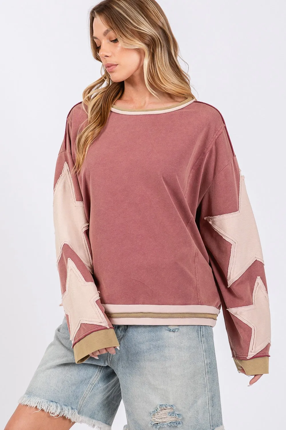 Hazel Blues® |  SAGE   FIG French Terry Star Applique Patch Sweatshirt