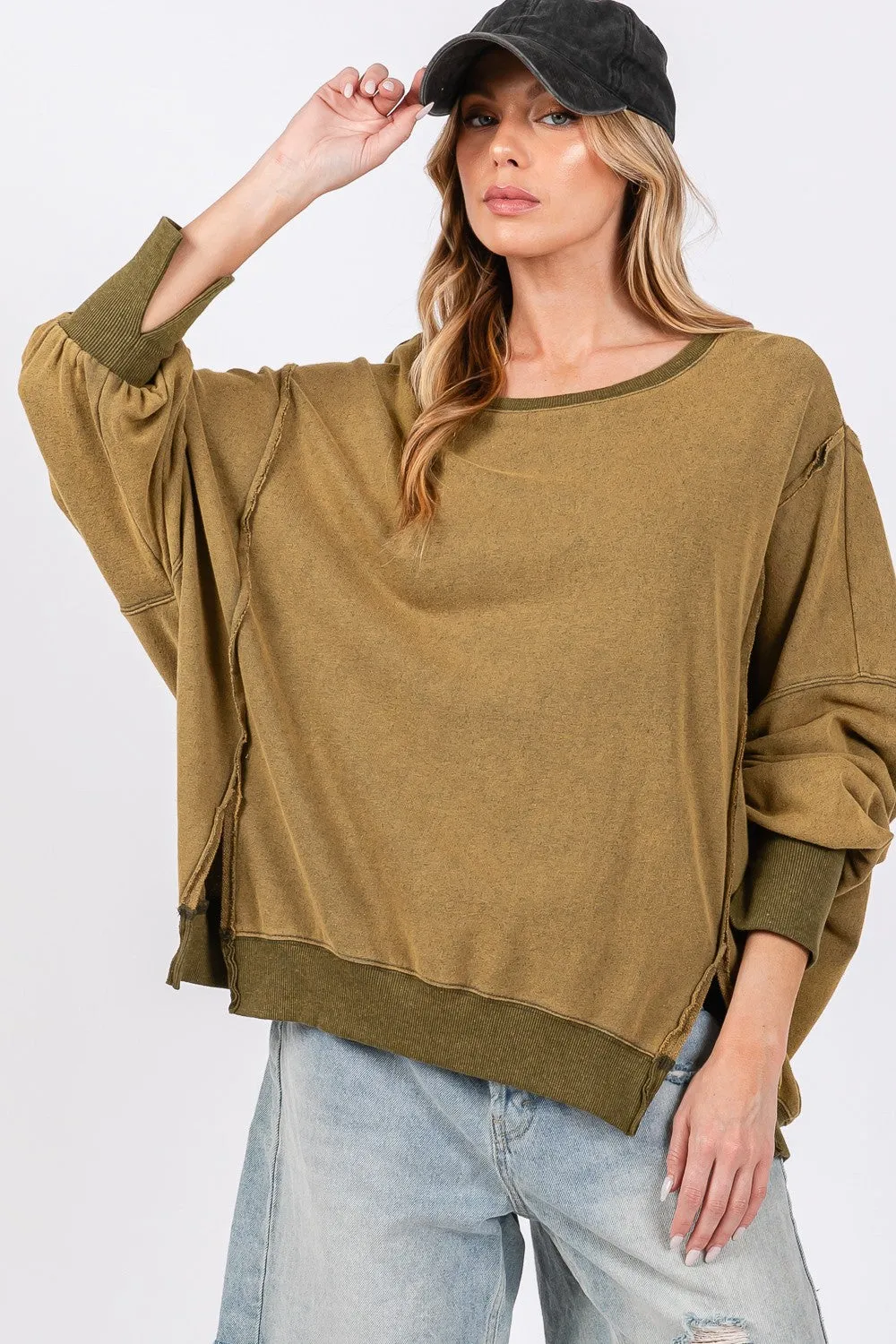 Hazel Blues® |  SAGE   FIG Mineral Wash Side Slit Oversized Sweatshirt