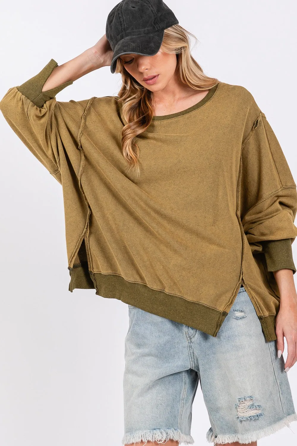 Hazel Blues® |  SAGE   FIG Mineral Wash Side Slit Oversized Sweatshirt