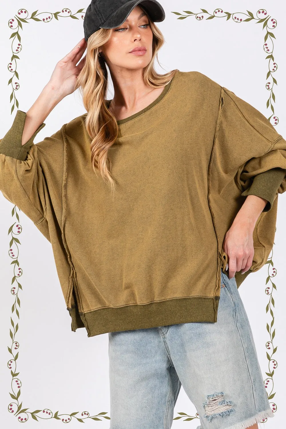 Hazel Blues® |  SAGE   FIG Mineral Wash Side Slit Oversized Sweatshirt