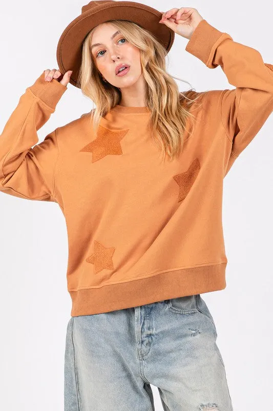 Hazel Blues® |  SAGE   FIG Star Patch Long Sleeve Sweatshirt