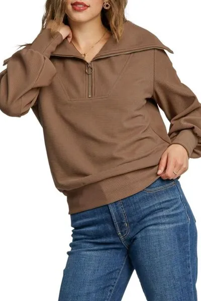 Hazel Blues® | Umgee Ribbed Knit Half Zipper Sweatshirt