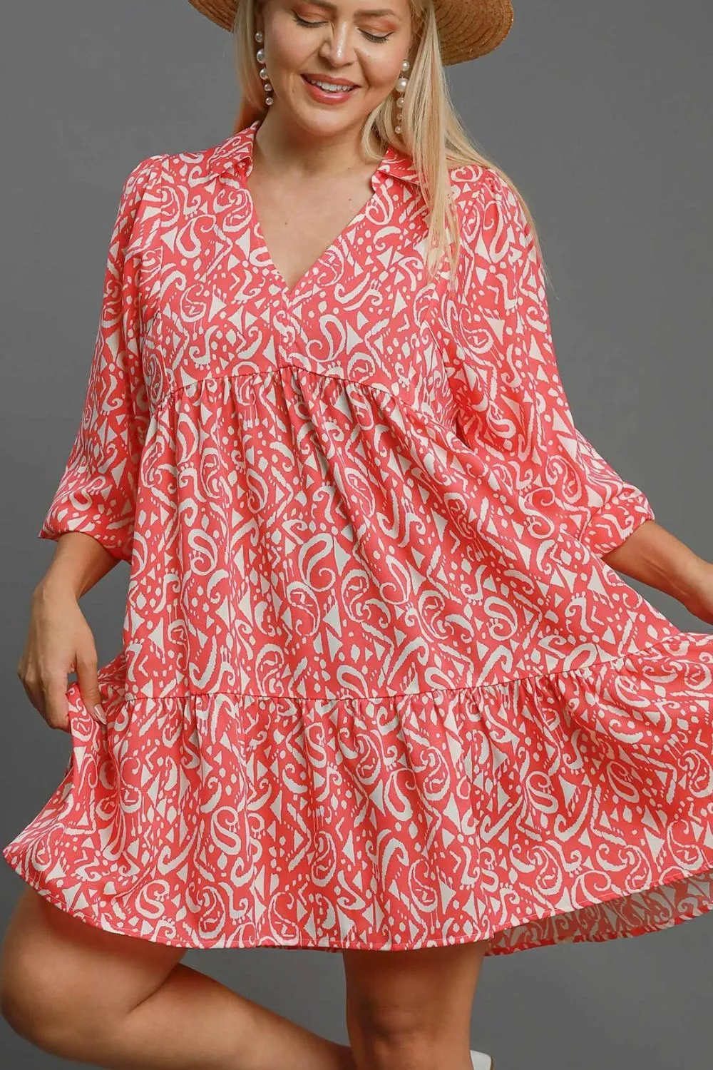 Hazel Blues® | Umgee Two Tone Print Balloon Sleeve Tiered Dress