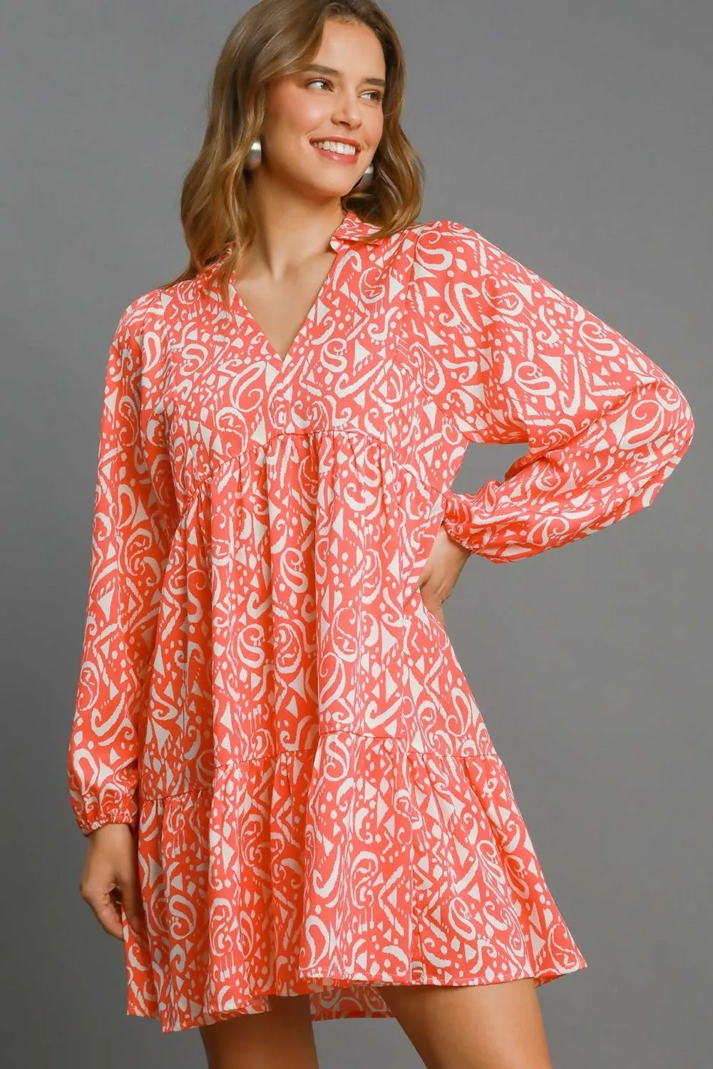 Hazel Blues® | Umgee Two Tone Print Balloon Sleeve Tiered Dress