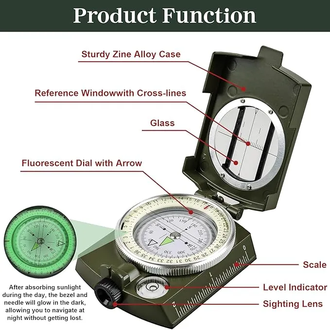 Hiking Compass for Survival with– Waterproof Durable and Pocket-SizedTactical Survival Compass with Lanyard & Pouch for Expedition Map Reading, Navigation
