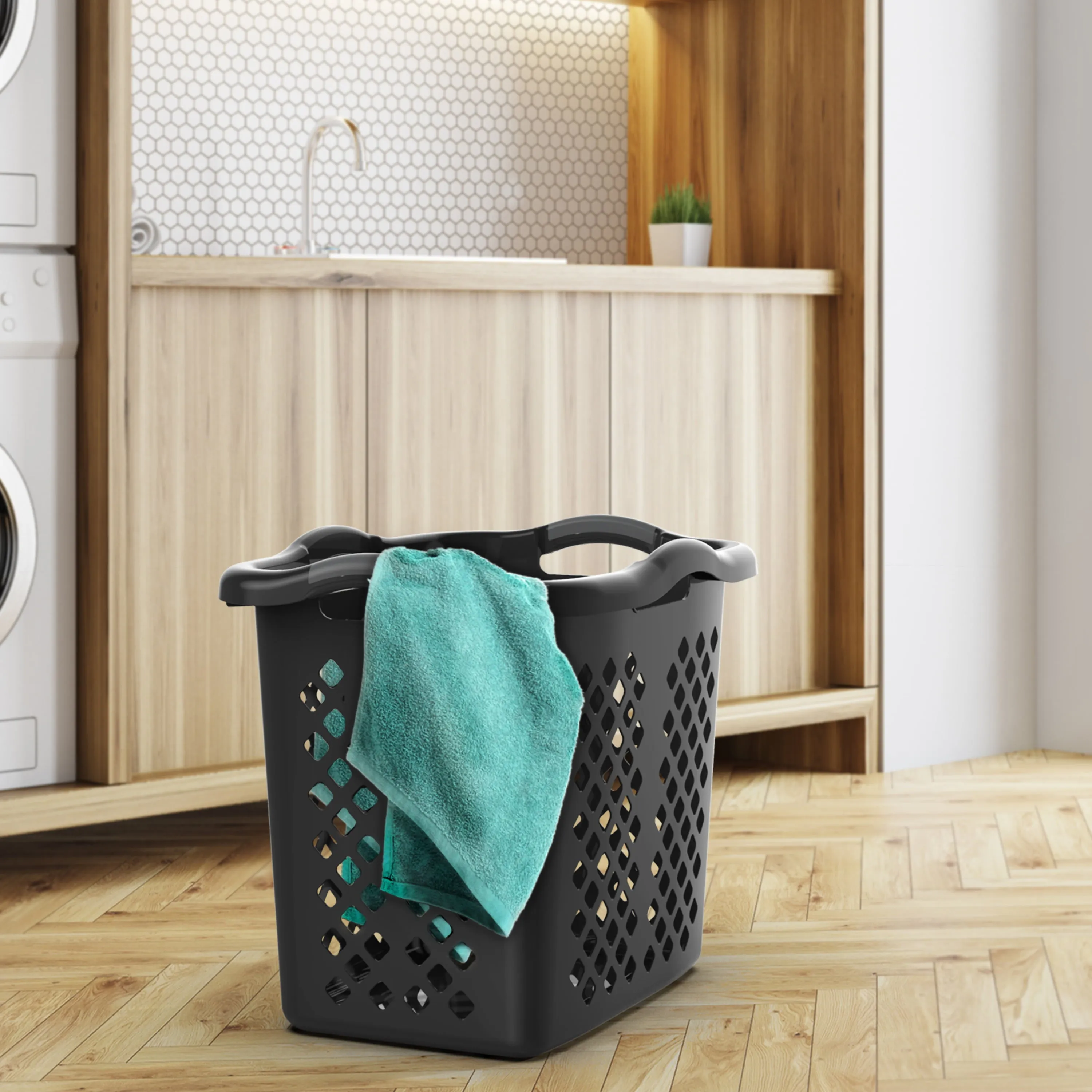 Home Logic 2 Bushel Lamper Plastic Laundry Basket with Silver Handles, Black