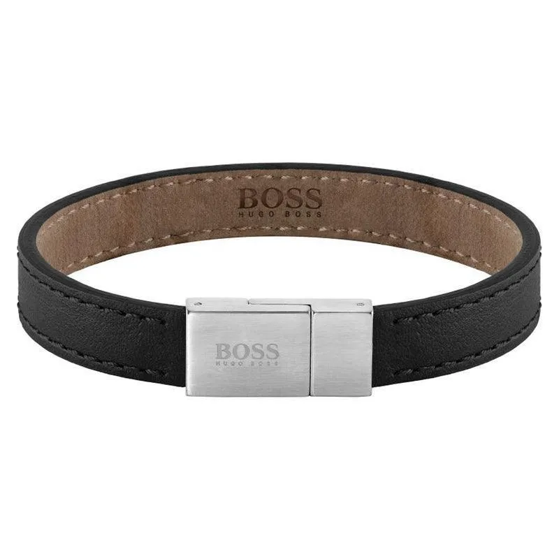 Hugo Boss Stainless Steel And Black Leather Men's Bracelet 1580033L