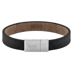 Hugo Boss Stainless Steel And Black Leather Men's Bracelet 1580033L