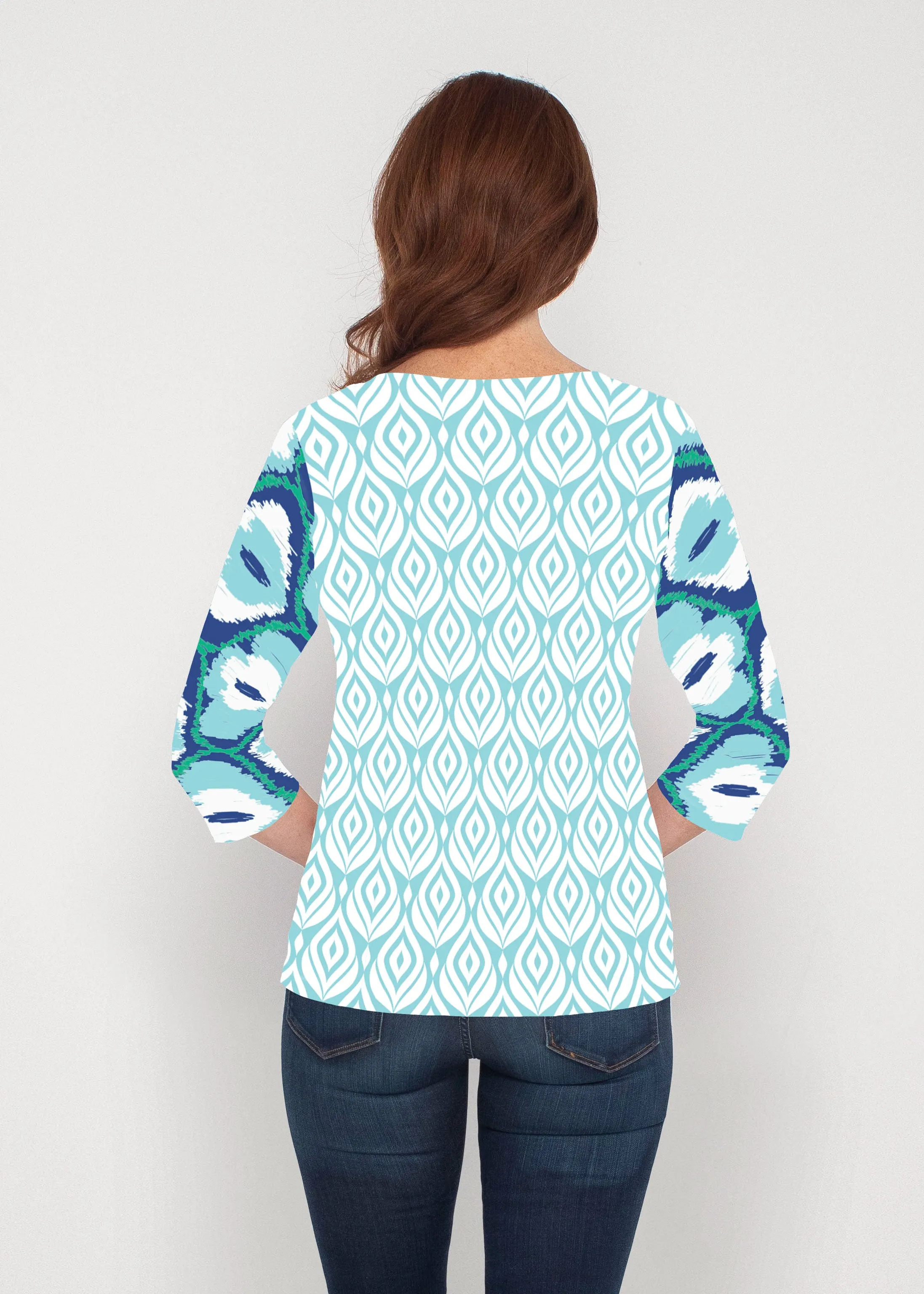 Ikat Buds Blue (8075) ~ Signature 3/4 Sleeve V-Neck Top