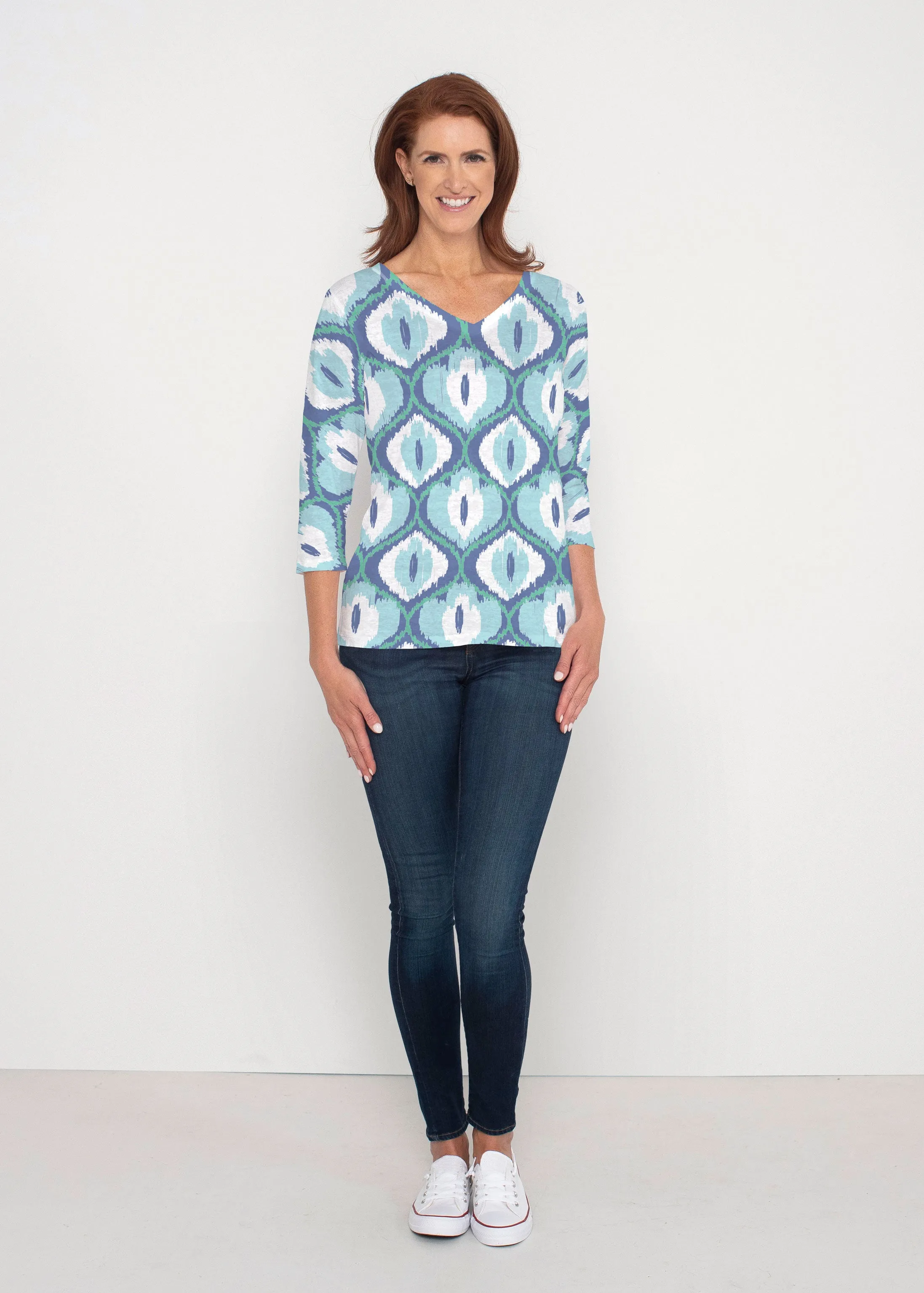 Ikat Buds Blue (8075) ~ Signature 3/4 Sleeve V-Neck Top