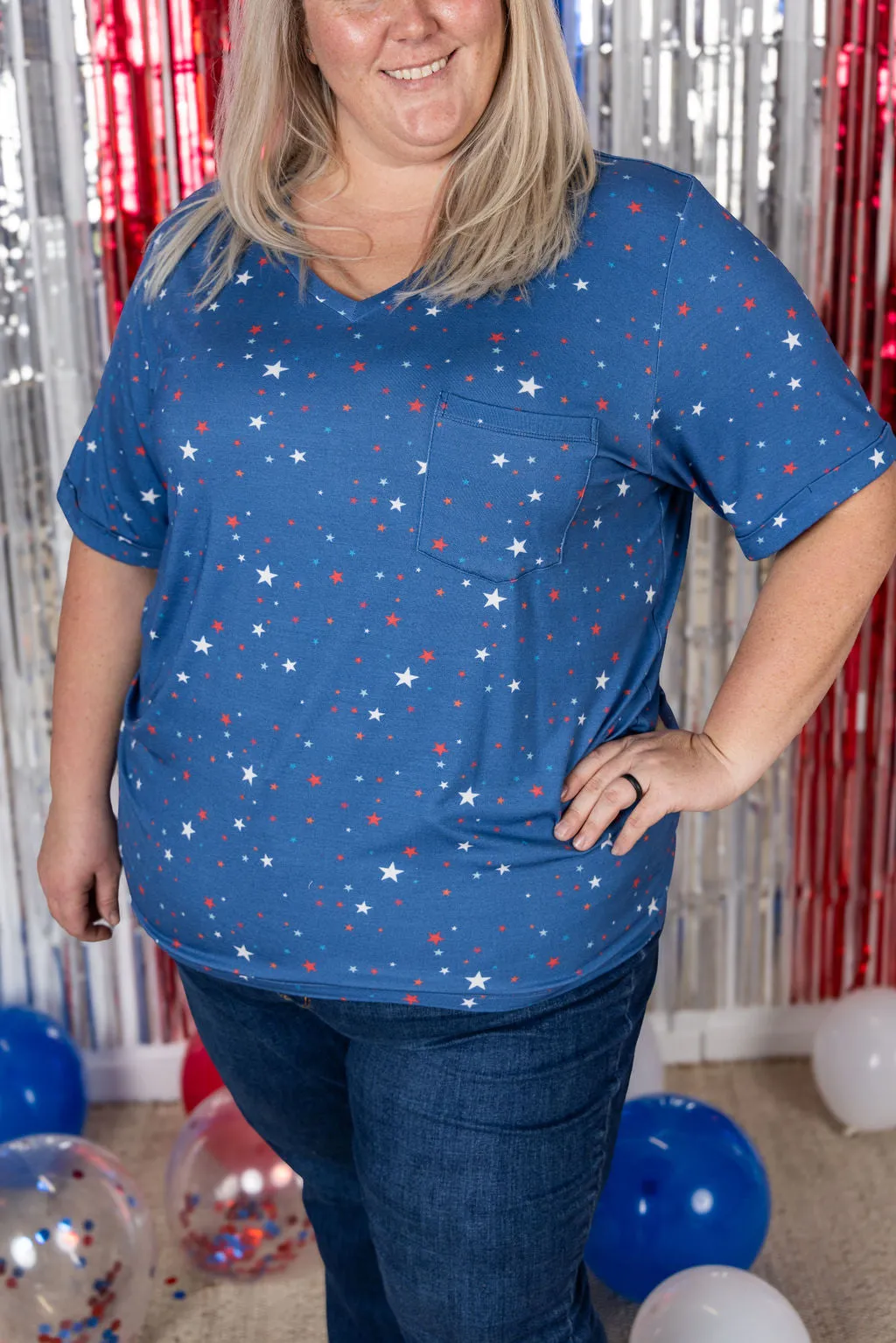 IN PRODUCTION Sophie Pocket Tee - Blue Liberty Stars