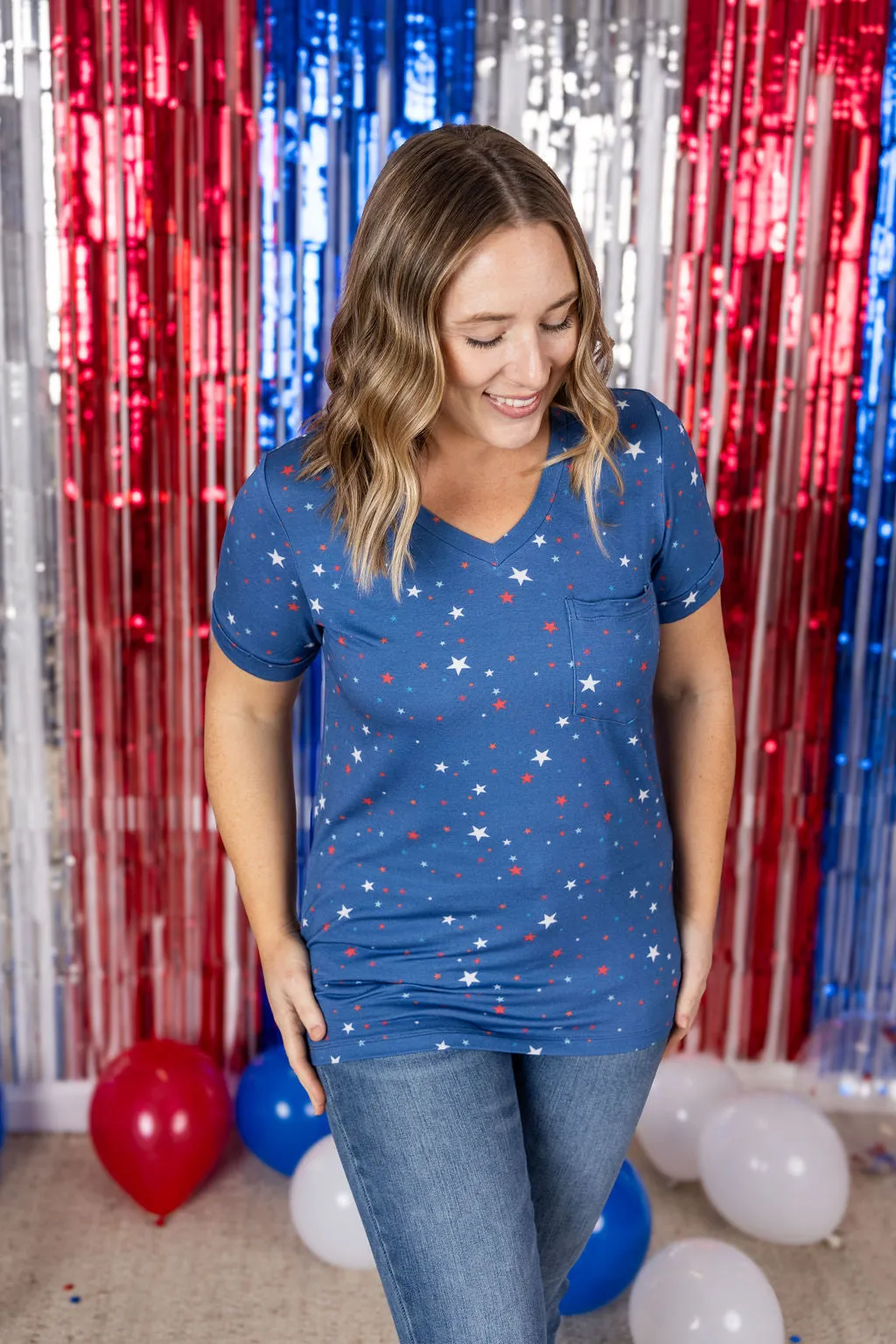 IN PRODUCTION Sophie Pocket Tee - Blue Liberty Stars