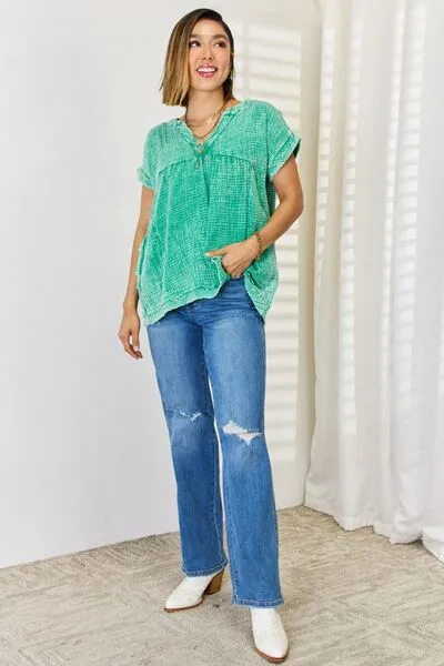 Jasmine Zenana Washed Raw Hem Short Sleeve Blouse with Pockets