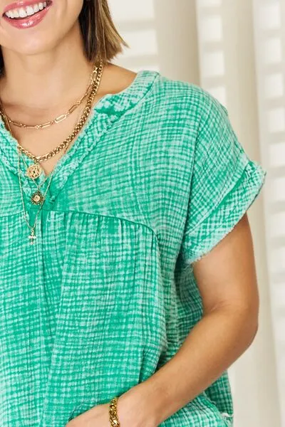 Jasmine Zenana Washed Raw Hem Short Sleeve Blouse with Pockets