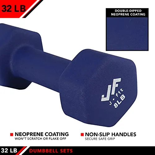 j/fit Dumbbell Set w/Durable Rack | Solid Design | Double Neoprene Coated Workout Weights Non-Chip and Flake | Dumbbells Sets For Gyms, Pilates, MMA, Training, Schools, Rehabilitation Centers