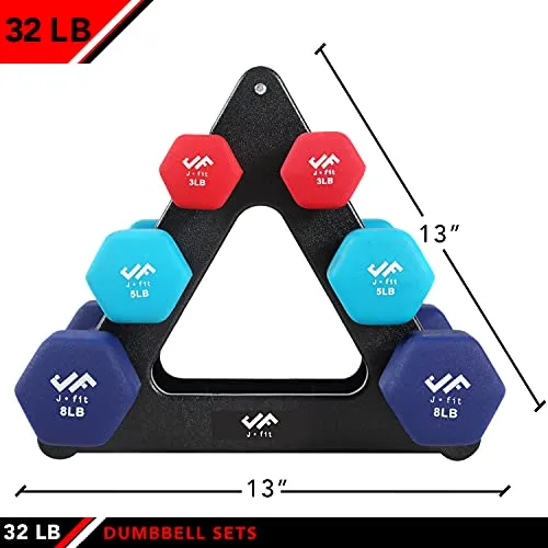 j/fit Dumbbell Set w/Durable Rack | Solid Design | Double Neoprene Coated Workout Weights Non-Chip and Flake | Dumbbells Sets For Gyms, Pilates, MMA, Training, Schools, Rehabilitation Centers