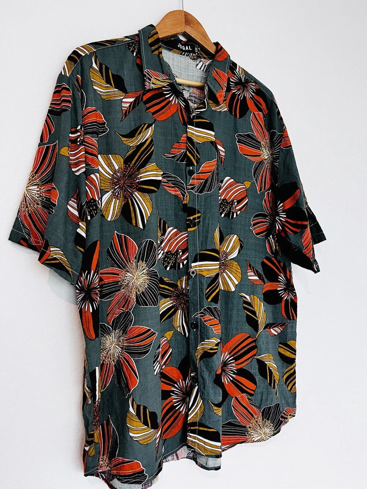 JOGAL Floral Cotton Viscose Hawaiian Shirt Sz 2XL Green Resort Travel Summer