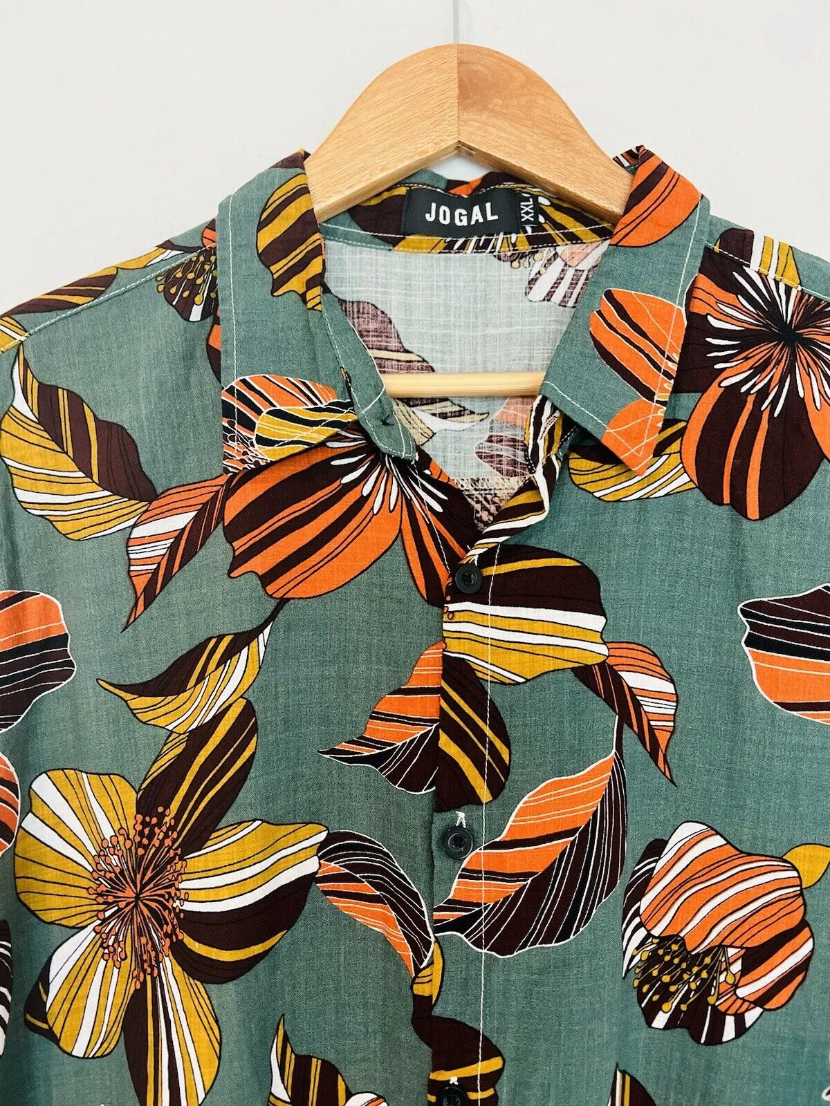 JOGAL Floral Cotton Viscose Hawaiian Shirt Sz 2XL Green Resort Travel Summer