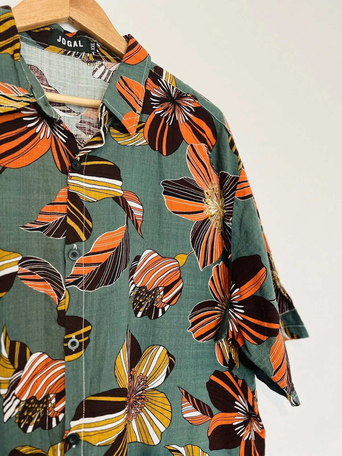 JOGAL Floral Cotton Viscose Hawaiian Shirt Sz 2XL Green Resort Travel Summer