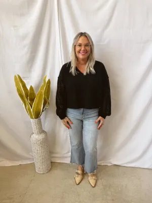 Knit V Neck Sweater Top-Black