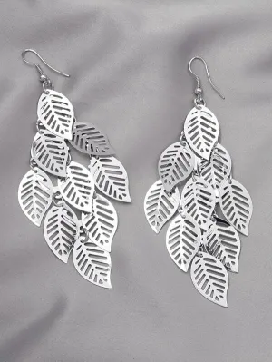 Large Laser Cut Leaf Dangle Earrings, Prom Party Bohemian Silver Earrings, Oversize Boho Leaf Earrings