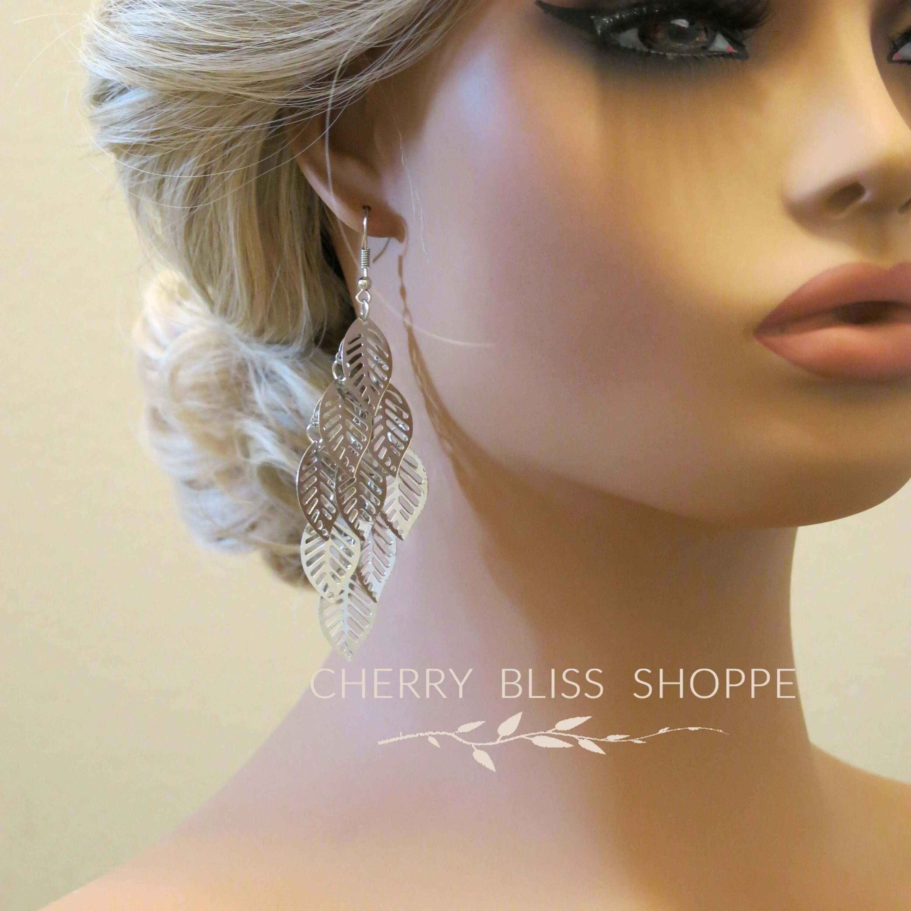 Large Laser Cut Leaf Dangle Earrings, Prom Party Bohemian Silver Earrings, Oversize Boho Leaf Earrings