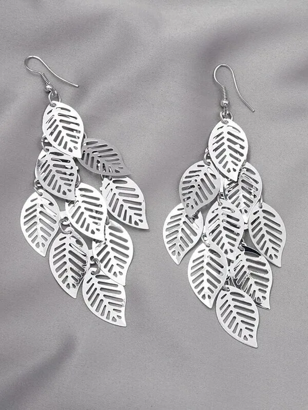 Large Laser Cut Leaf Dangle Earrings, Prom Party Bohemian Silver Earrings, Oversize Boho Leaf Earrings