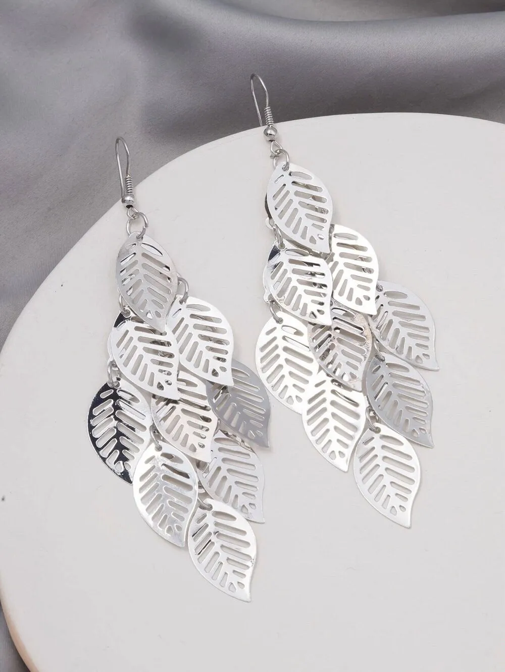 Large Laser Cut Leaf Dangle Earrings, Prom Party Bohemian Silver Earrings, Oversize Boho Leaf Earrings