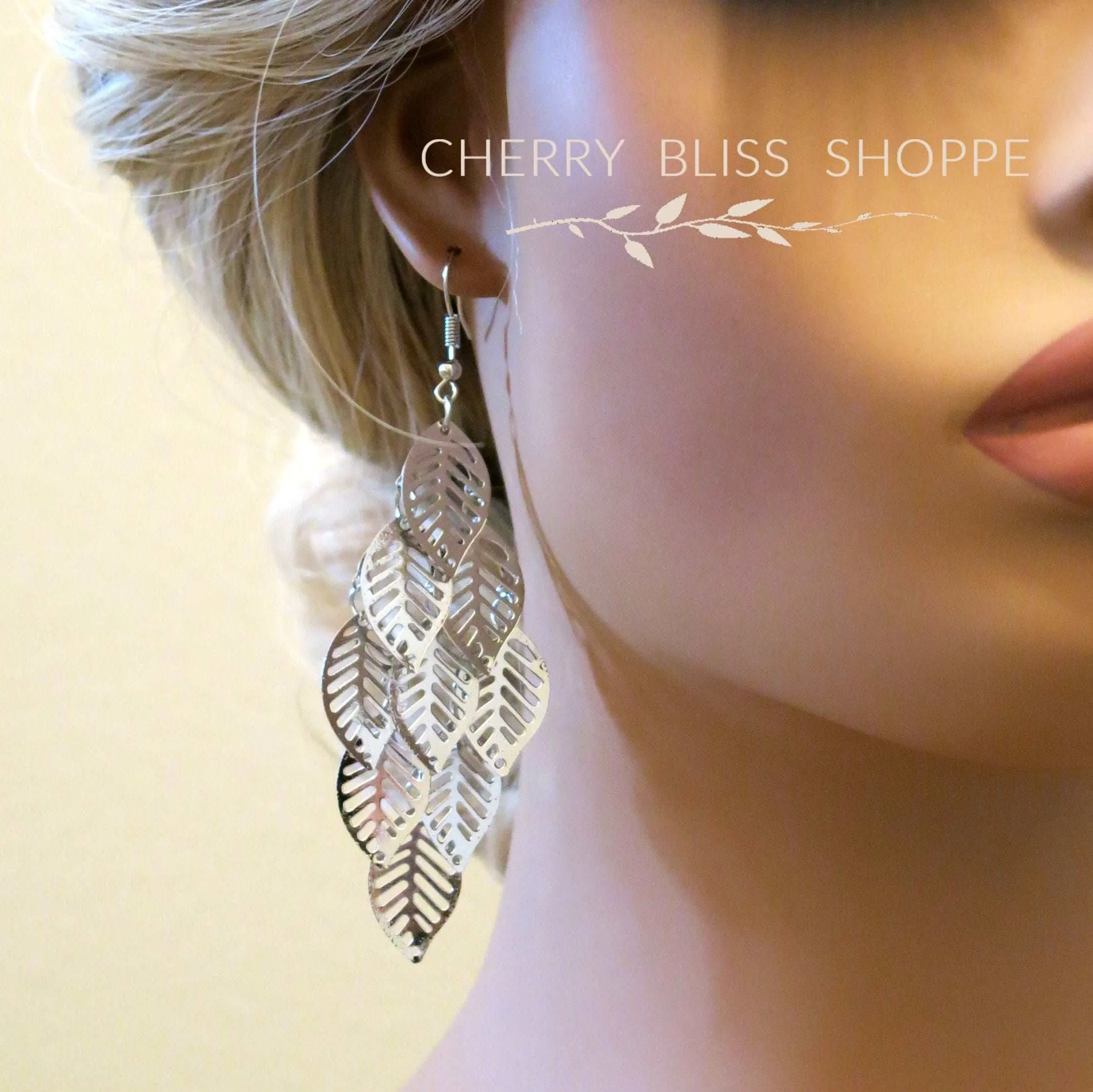 Large Laser Cut Leaf Dangle Earrings, Prom Party Bohemian Silver Earrings, Oversize Boho Leaf Earrings