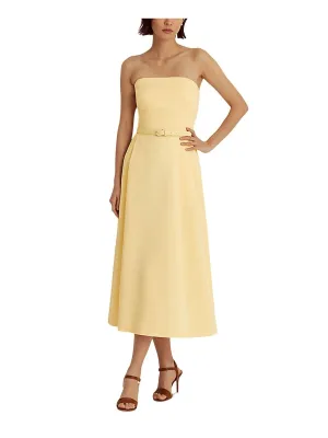 Lauren Ralph Lauren Pleated Belted Midi Party Fit   Flare Dress Yellow  Bloom 12