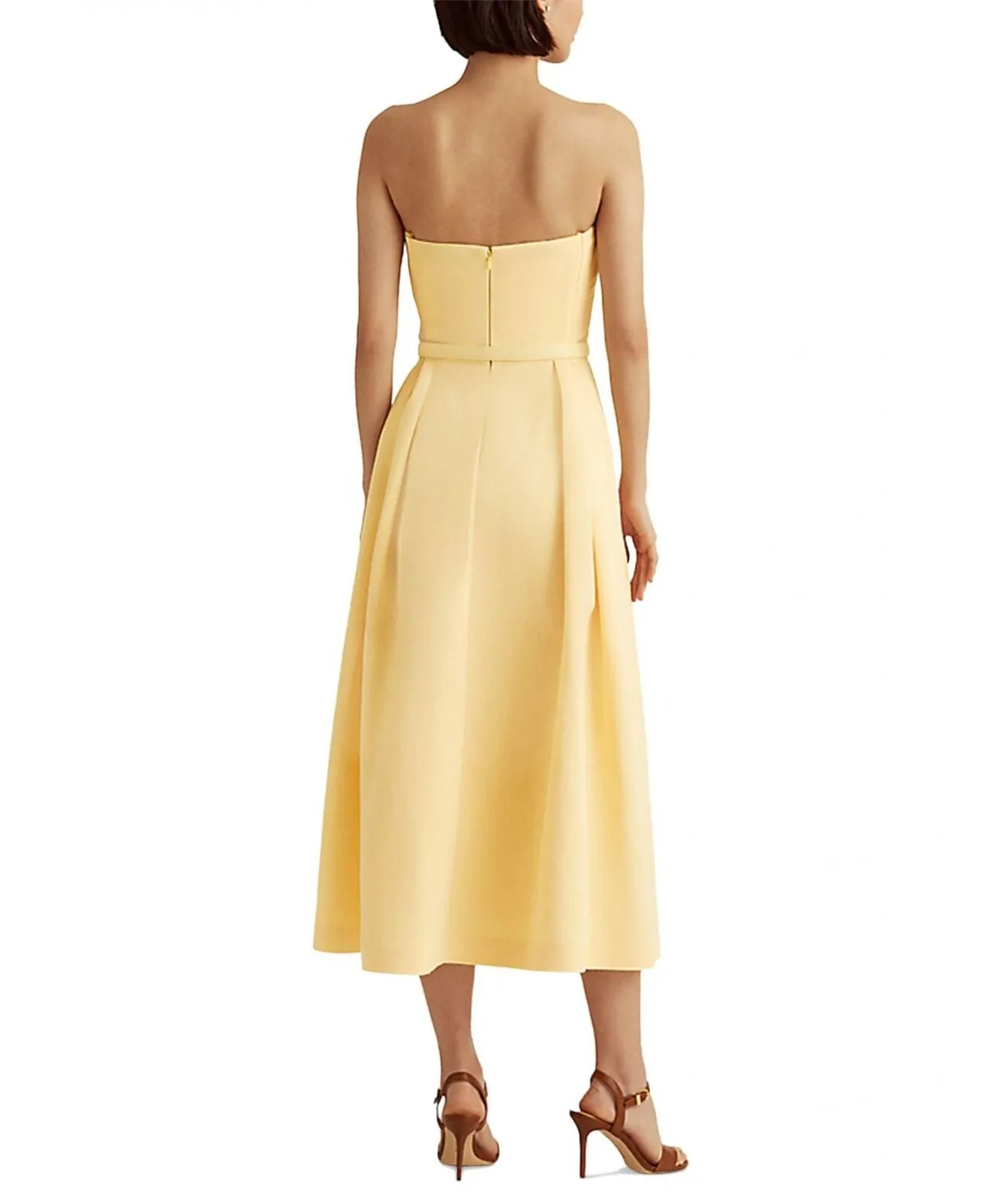 Lauren Ralph Lauren Pleated Belted Midi Party Fit   Flare Dress Yellow  Bloom 12