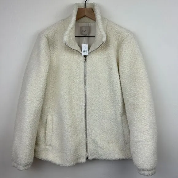 Loft Teddy Coat Jacket Womens Large Cream Boucle Faux Fur Zip Pockets Ladies New