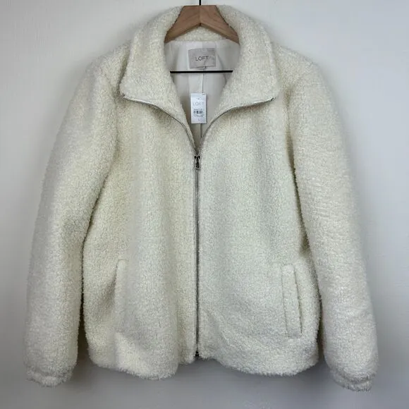 Loft Teddy Coat Jacket Womens Large Cream Boucle Faux Fur Zip Pockets Ladies New