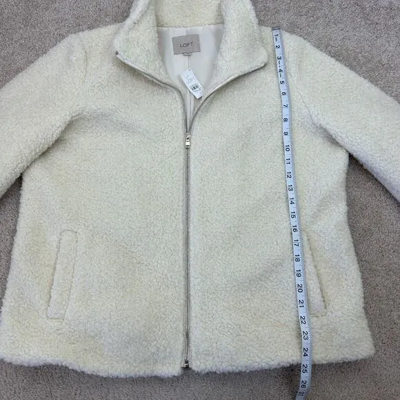 Loft Teddy Coat Jacket Womens Large Cream Boucle Faux Fur Zip Pockets Ladies New