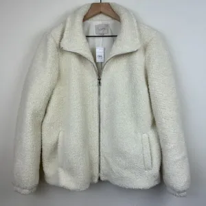 Loft Teddy Coat Jacket Womens Large Cream Boucle Faux Fur Zip Pockets Ladies New