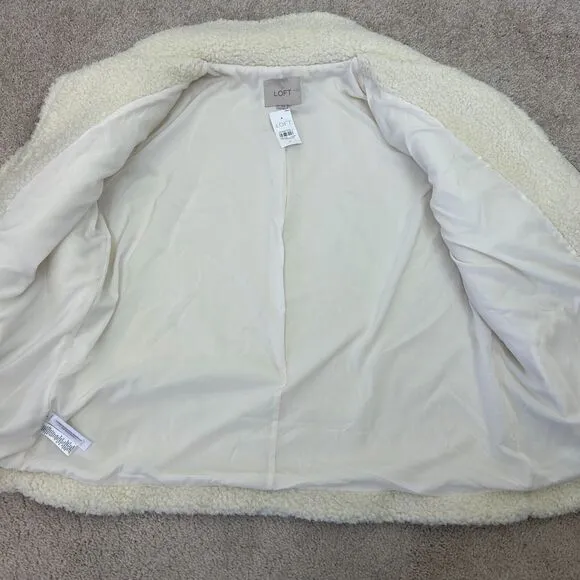 Loft Teddy Coat Jacket Womens Large Cream Boucle Faux Fur Zip Pockets Ladies New